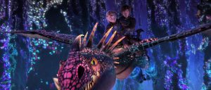 Hiccup and Astrid flying on Stormfly inside the Hidden World