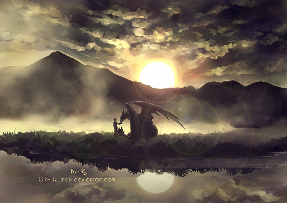 Hiccup reaching towards Toothless, they are near water, mountain with sun setting behind it in the distance, cloudy sky lit up by sun.