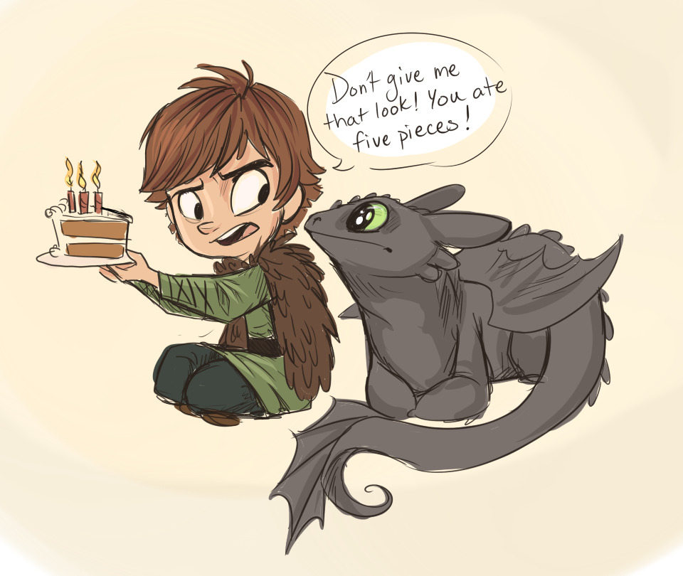 Toothless want all of Hiccup's birthday cake, not just five pieces