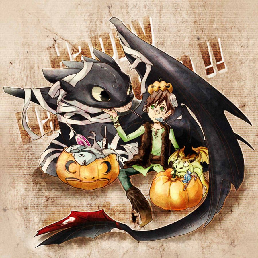Halloween-themed fanart of young Hiccup and Toothless and Sharpshot celebrating Halloween