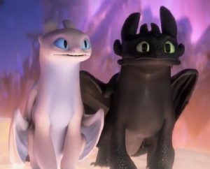 Light Fury and Toothless together inside Hidden World, Toothless notices something