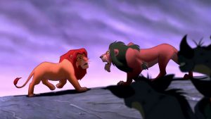 Scar threatening adult Simba, on Pride Rock