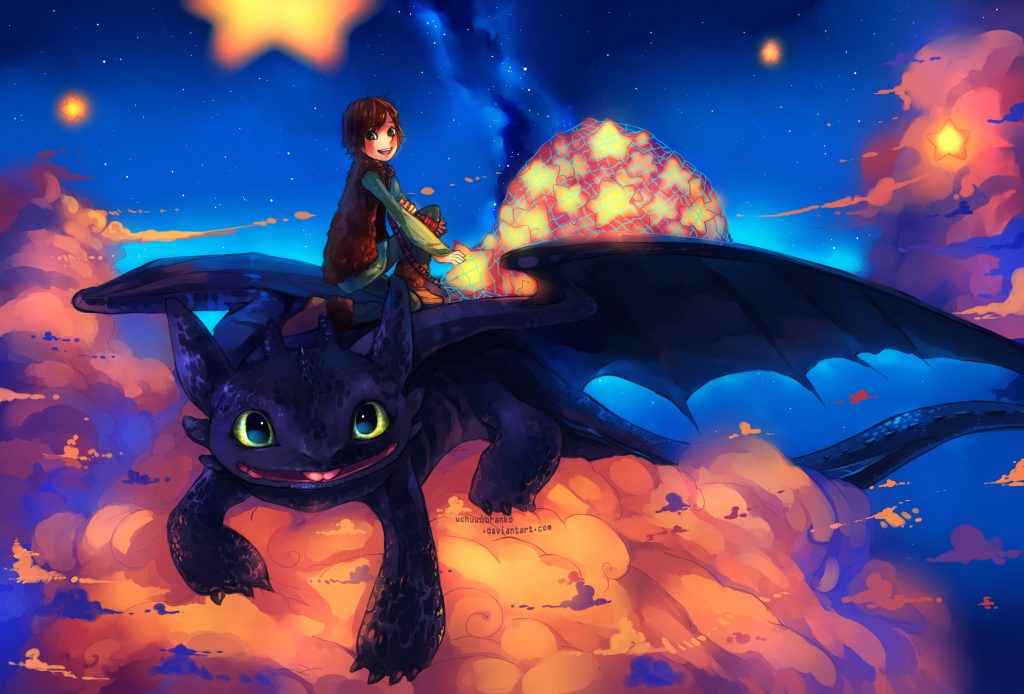 Young Hiccup and Toothless, on top of a cloud, apparently collecting stars from the sky.