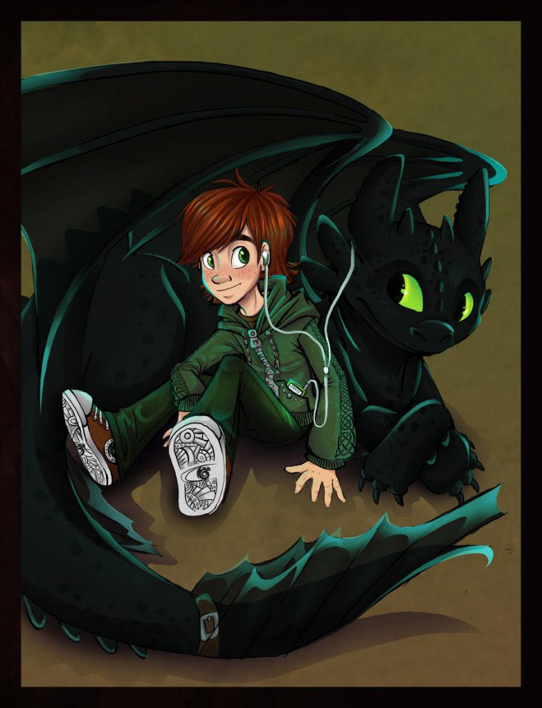 Young Hiccup and Toothless, resting and sharing earbuds from a music player.