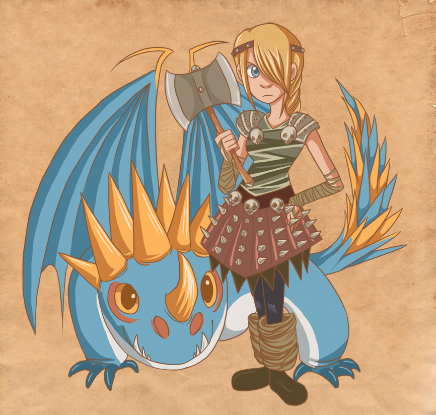 Cartoony drawing of Astrid standing with axe in hand, and Stormfly behind her.
