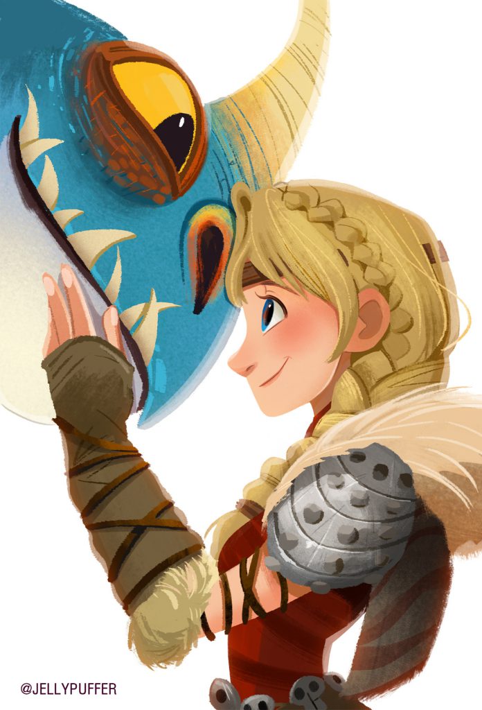 Cartoony drawing of Astrid and Stormfly looking at each other happily.