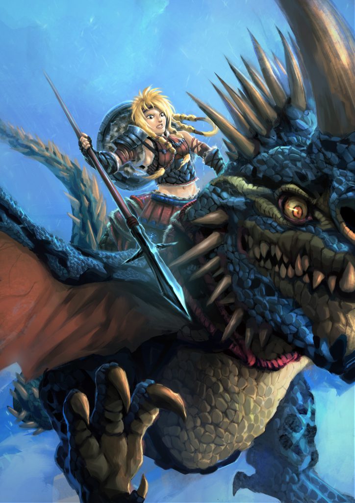 Fierce-looking Astrid holding a spear, riding an even fiercer-looking Stormfly - they appear to be attacking.
