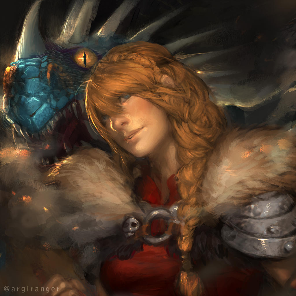 Portrait of Astrid, with Stormfly in the background, mouth open.