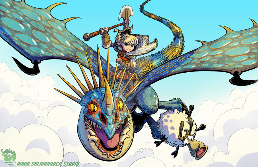 Astrid riding Stormfly, who is carrying a worried sheep in her claws.