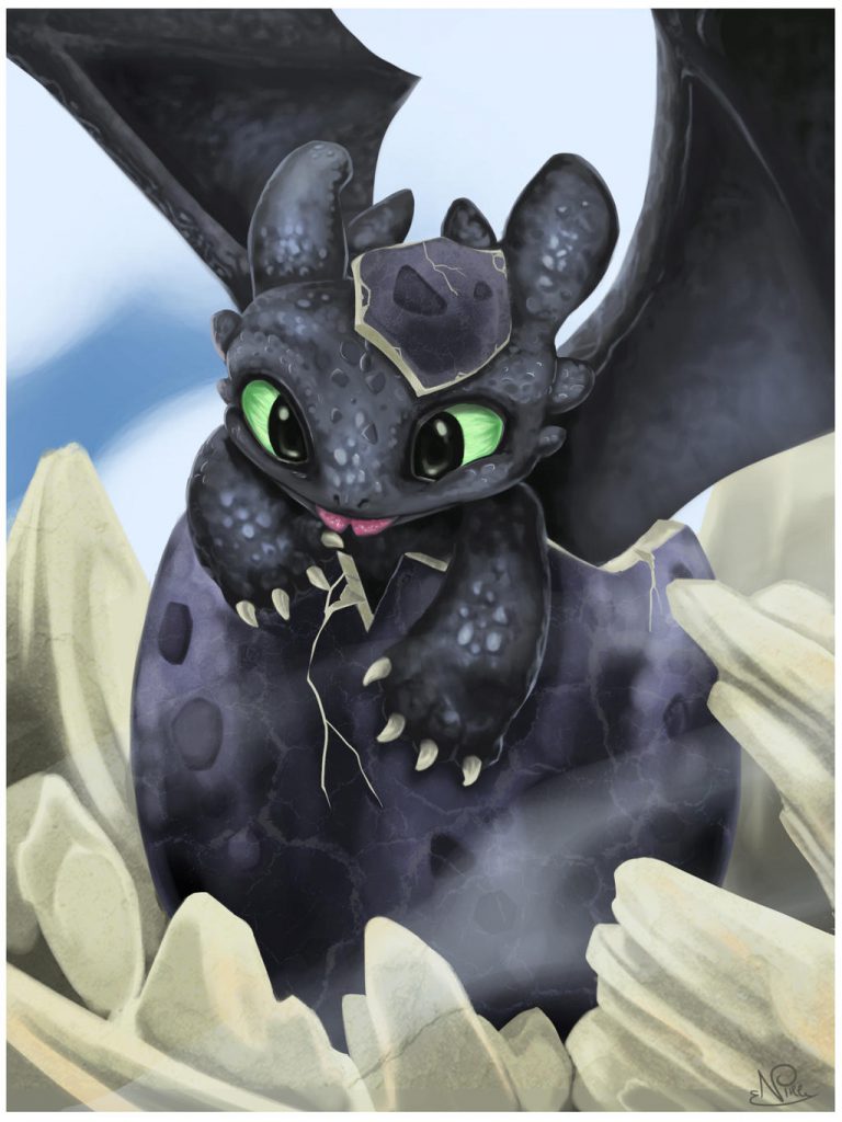 Toothless hatching from his egg.