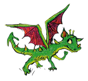 Drawing of small green dragon, with red wing membranes