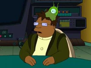 Scene from Futurama, a brain slug attached to Hermes