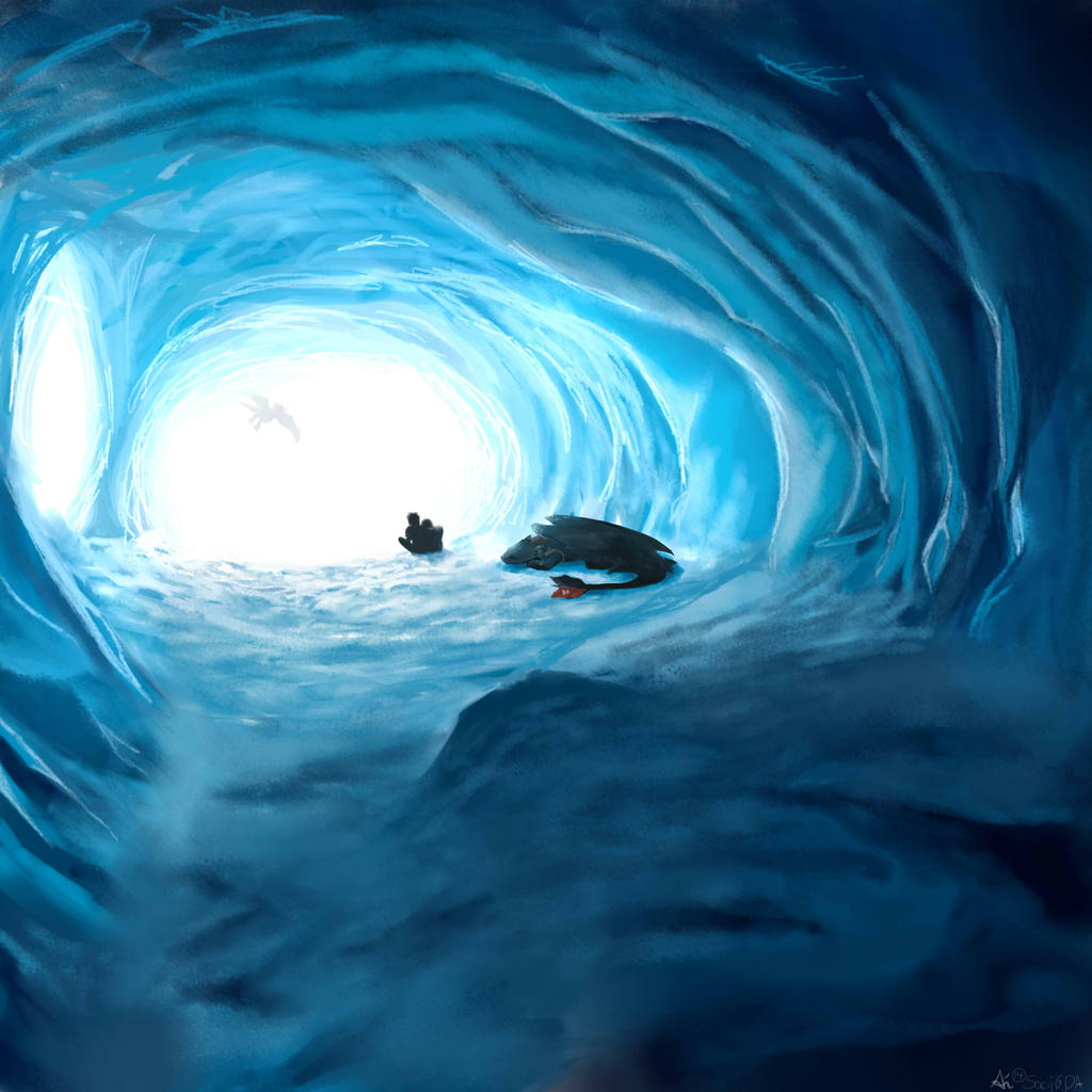 Hiccup, Astrid and Toothless resting inside an ice cave, Stormfly flying outside its entrance.