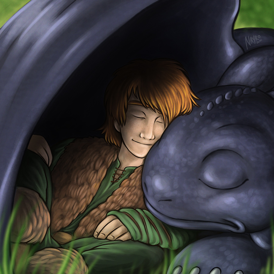 Hiccup and Toothless, cuddled up and asleep.