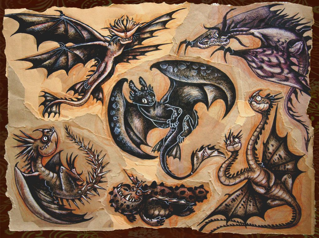 Drawing of HTTYD dragons - Toothless, Cloudjumper, Hookfang, Stormfly, Meatlug and Barf and Belch.