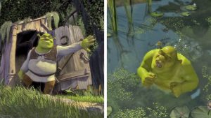 Shrek using the toilet and farting in a pond