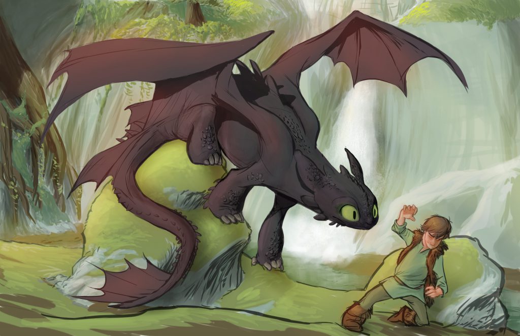 Fully-grown Adult Toothless, staring at late-teens/Adult Hiccup, who appears to be submissive and afraid