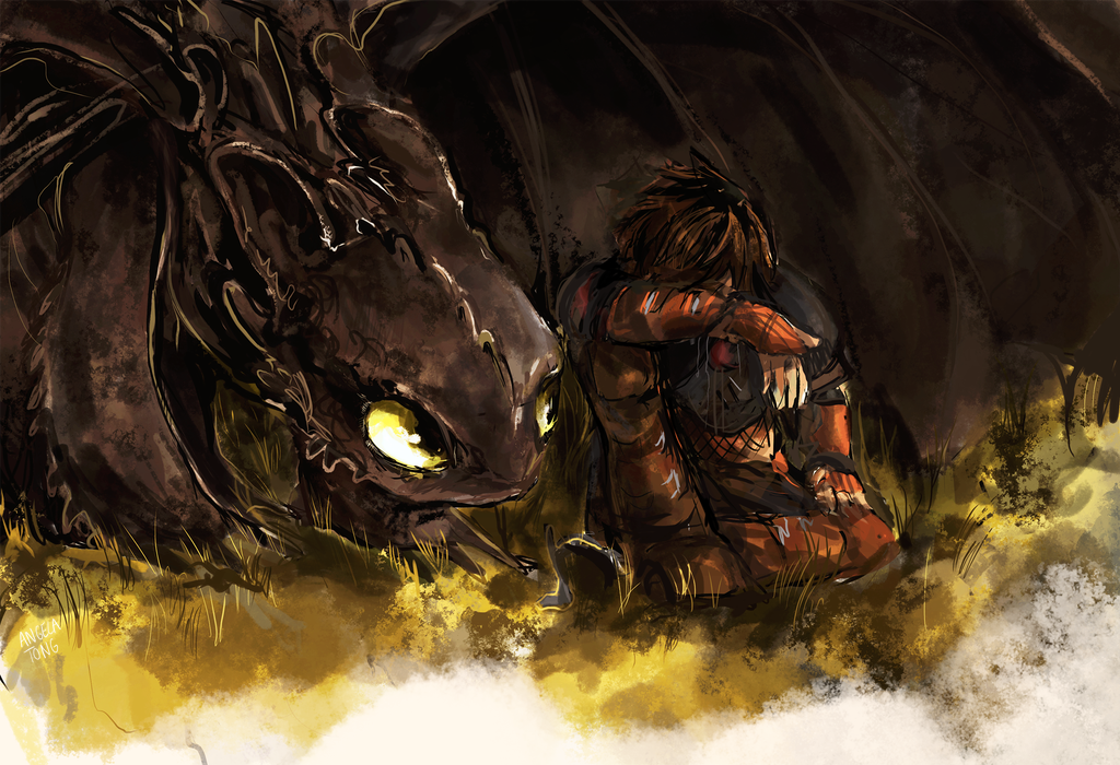 Toothless comforting sad Hiccup.