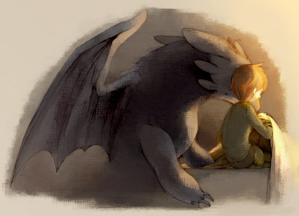Toothless comforting toddler-Hiccup, who appears to have woken from a bad dream.