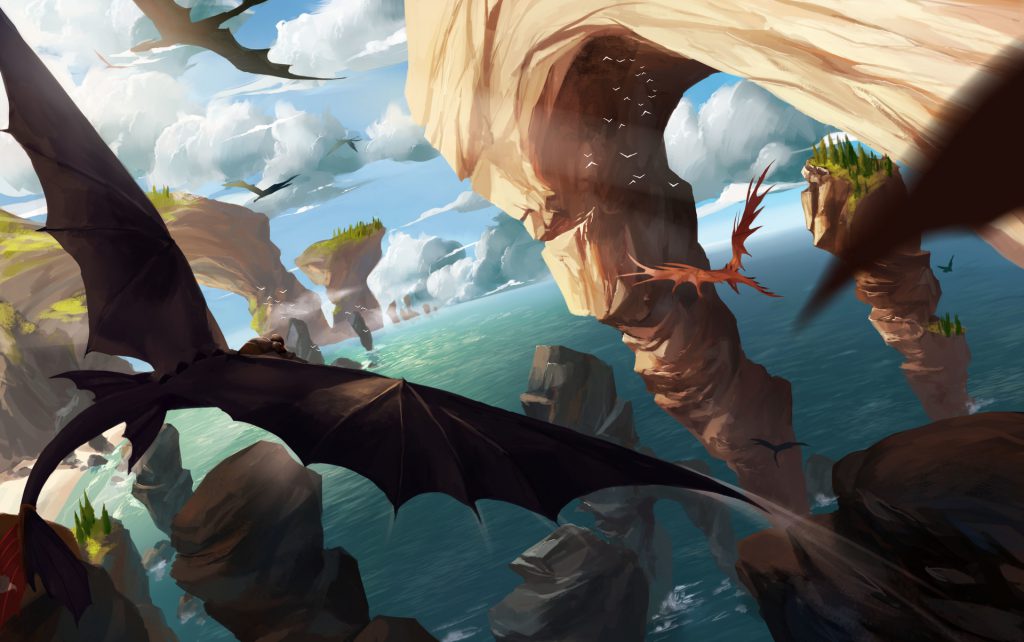 Beautiful HTTYD fanart - view of sea, sea stacks, blue sky and dragons flying.