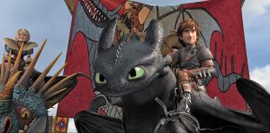 Final victorious scene from HTTYD2, Astrid, Stormfly, Hiccup and Toothless standing high and looking out (to the cheering croud)