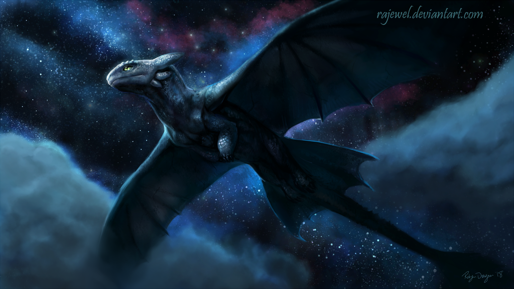Toothless flying through the clouds at night, his body lit up by the moon and starlight, drawn in a more realistic style.