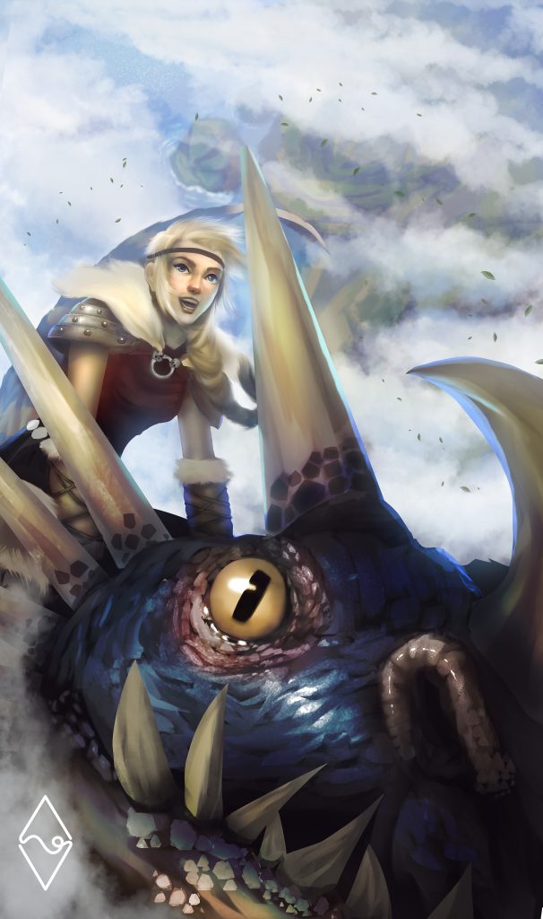 Closeup of Astrid riding Stormfly through the clouds
