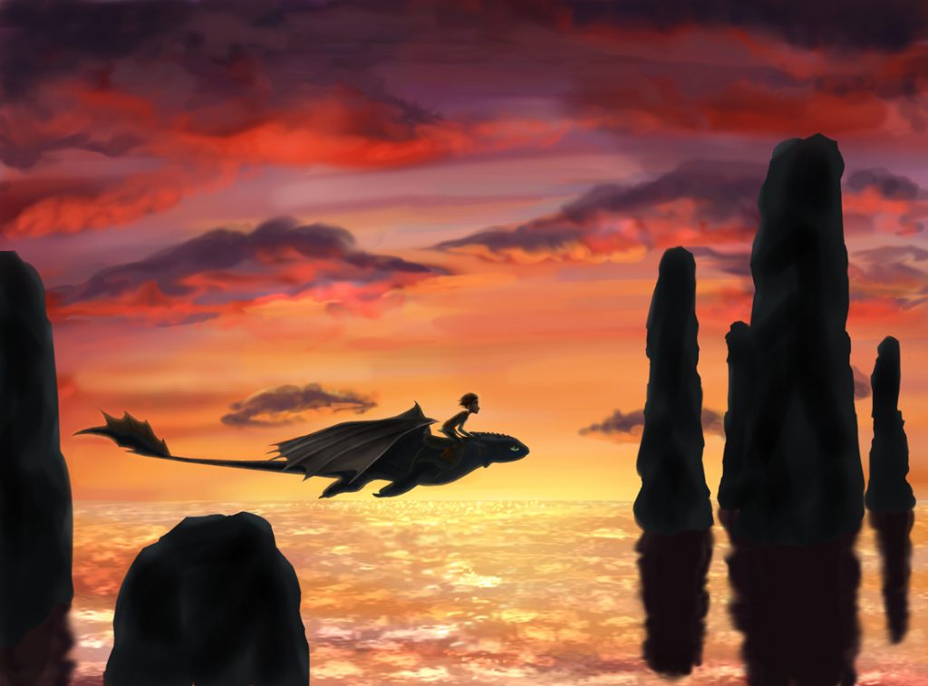 Forbidden Friendship - by limey404. Young Hiccup flying on Toothless, beautiful sunset background.