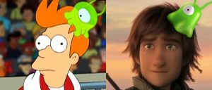 Futurama's Fry and HTTYD's Hiccup with attached Brainslugs