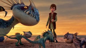 Hiccup with adult and baby Deadly Nadder dragons