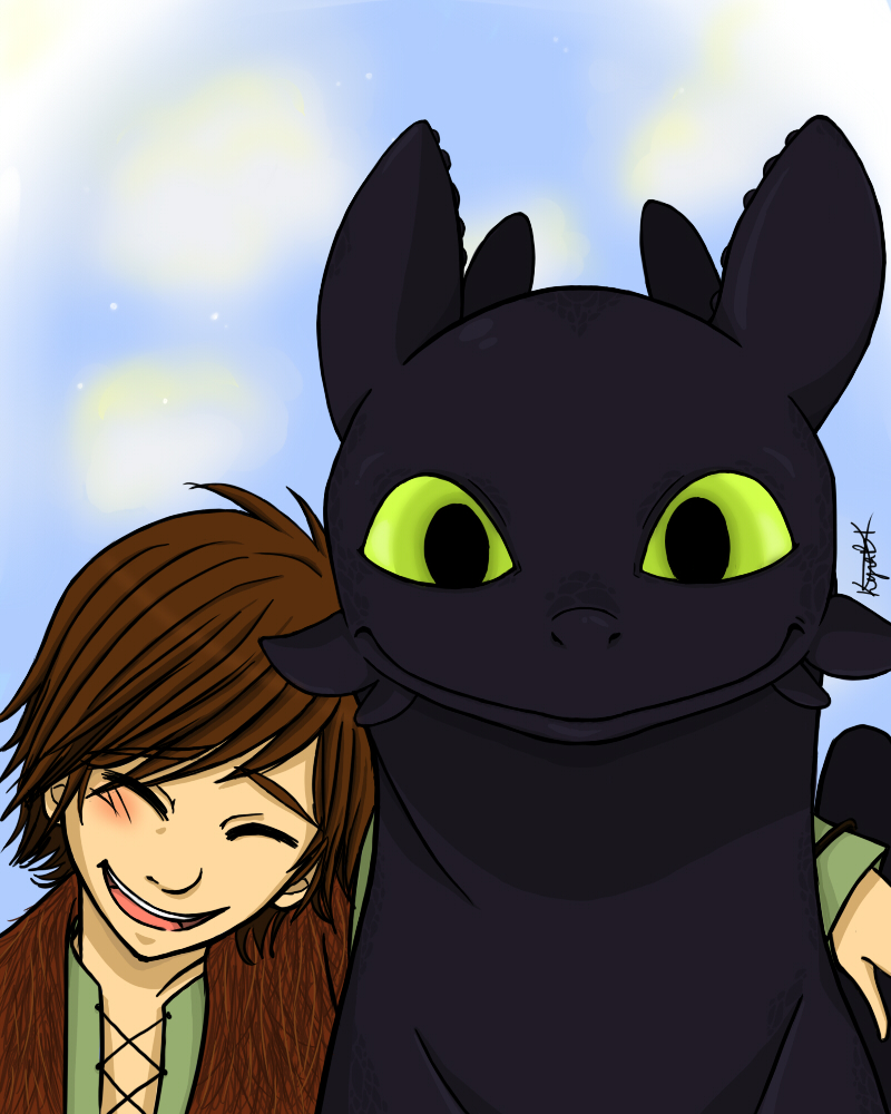 Toothless staring at viewer with funny look on his face, Hiccup is laughing next to him.
