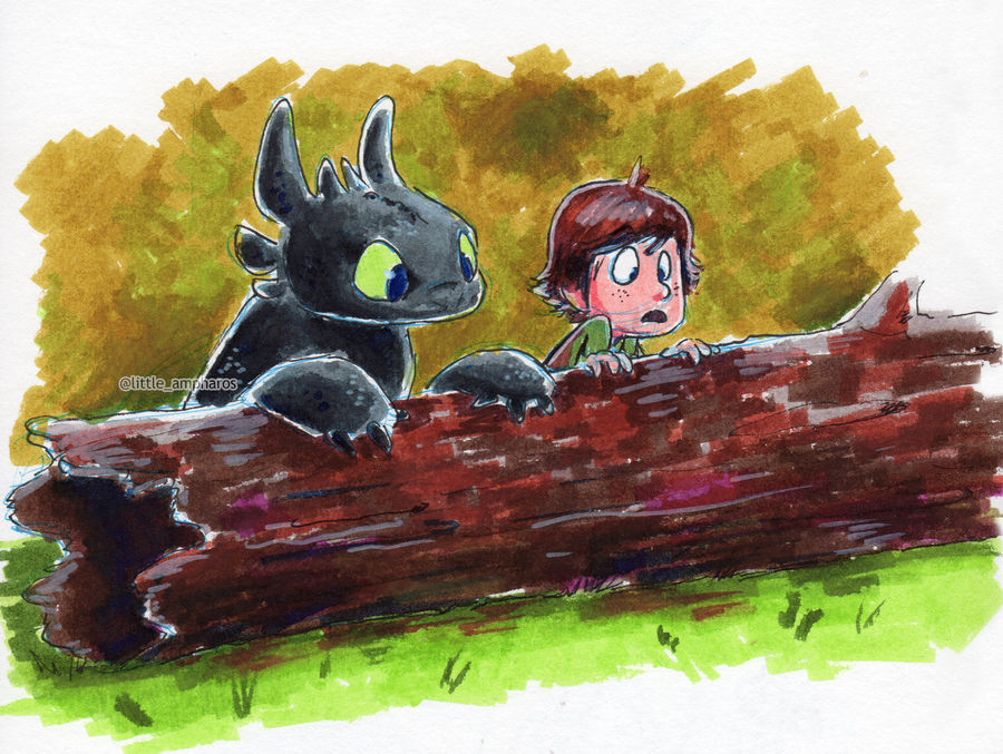 Hiccup and Toothless hiding and peering from behind a log, both looking at something.