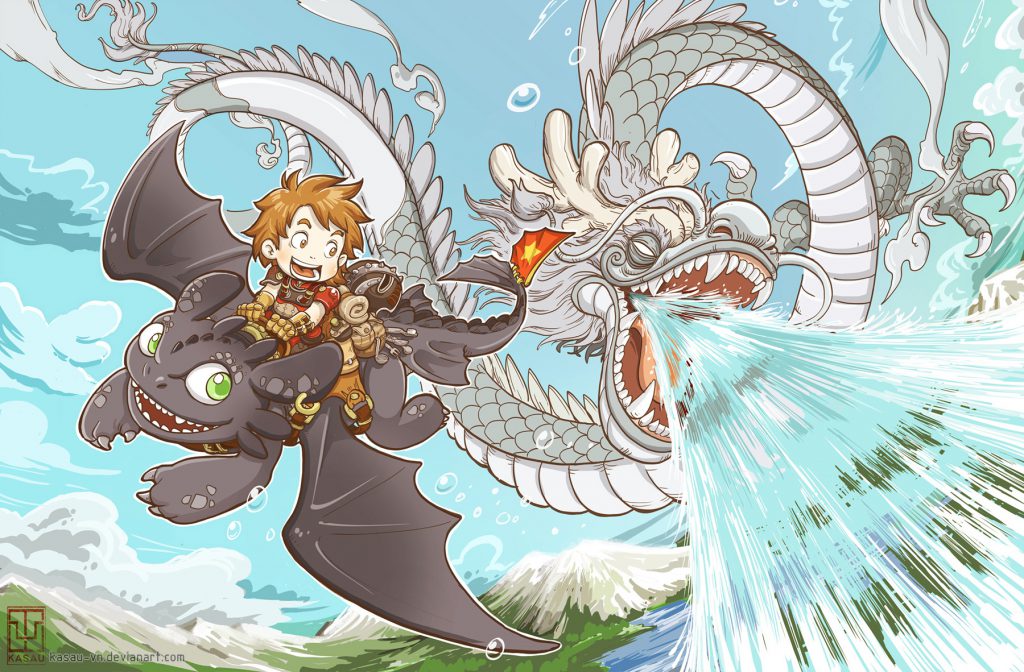 Hiccup riding Toothless, both are cheerful and looking at an Asian dragon flying beside them - the dragon appears to be spitting water and may have tried to spray Hiccup and Toothless with it.