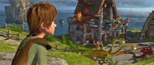 Hiccup, mounted on Toothless, overlooking Berk and seeing Vikings and dragons together, looking out to the sea and sky.