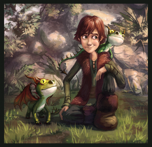 Young Hiccup next to small green dragons.
