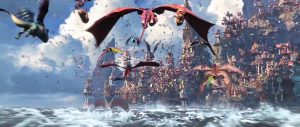 Many dragons flying towards a dragon-friendly Berk