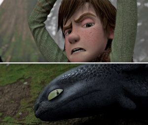 Scene showing Hiccup about to kill Toothless, as they look into each other's eyes