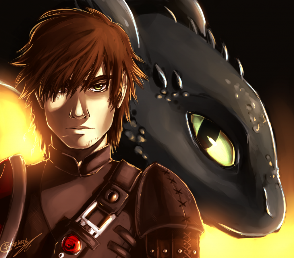 Hiccup and Toothless with serious expression on their faces, looking towards viewer.