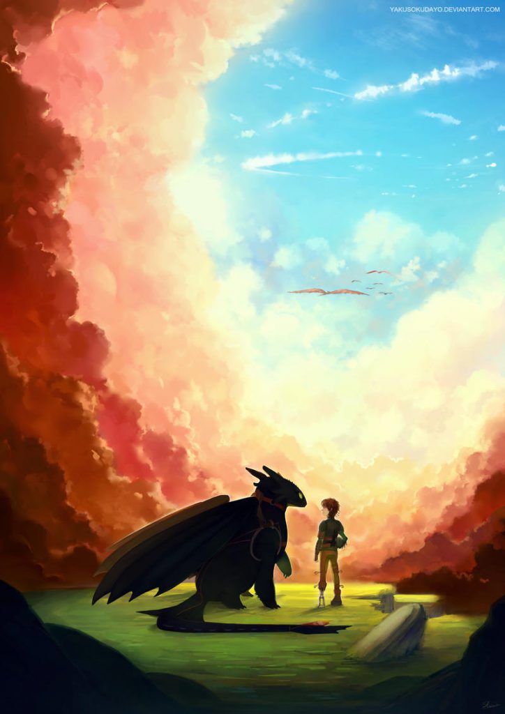 Hiccup and Toothless on the ground, appear to be up very high as they are surrounded by clouds, view of dragons flying above in a cloud-free area showing a blue sky.