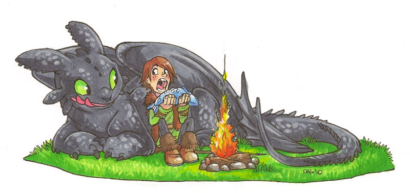 Hiccup eating fried fish, and Toothless wants some or all of it.