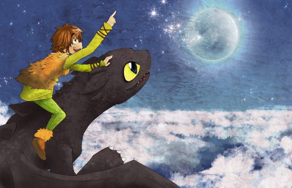 Young Hiccup and Toothless flying above the clouds, apparently towards the stars, full moon in background.