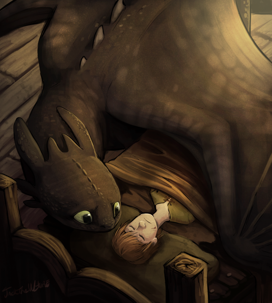 I'll Do Better - by JackTheVulture. Hiccup lying in bed, appears to be ill, Toothless with worried look on his face stretches his wing over Hiccup.