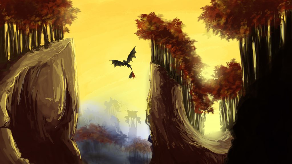Sunlit woodland, Toothless flying in front of bright yellow sky with his wings spread wide.