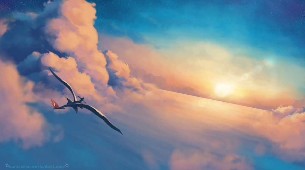 Hiccup with his arms stretched out, flying on Toothless high above the sea, towards the setting sun.