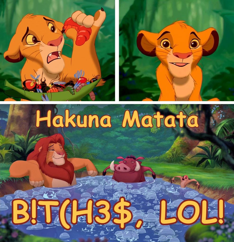 Collage: Simba eating a grub, liking it, enjoying a spa with Pumba and Timon. "Hakuna Matata".