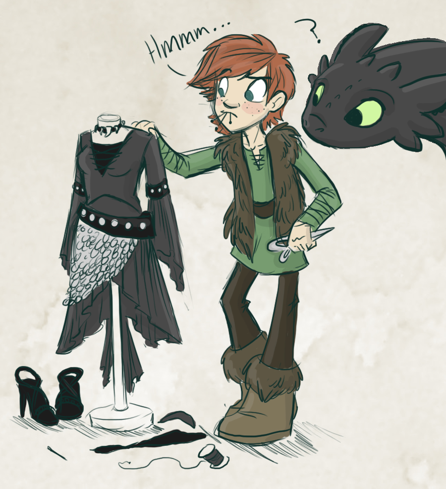 Hiccup making a woman's dress, Toothless watching and doesn't quite understand what's going on.