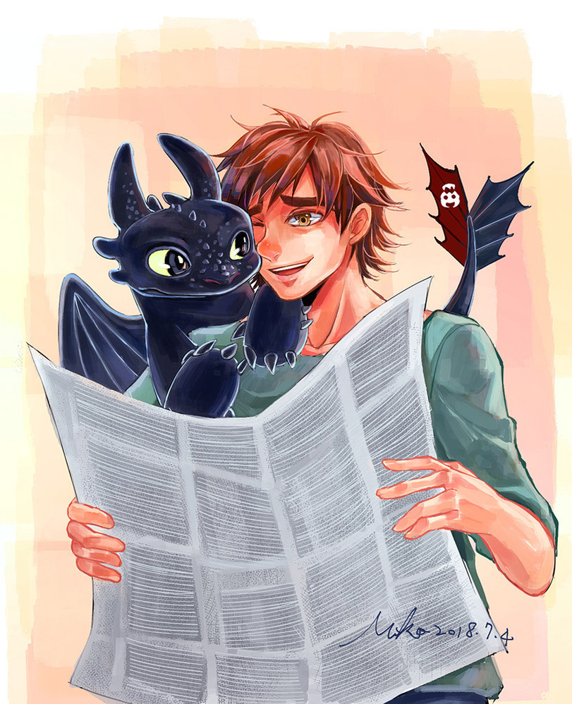 Small Toothless playfully climbing on shoulder of adult Hiccup, who is reading a newspaper