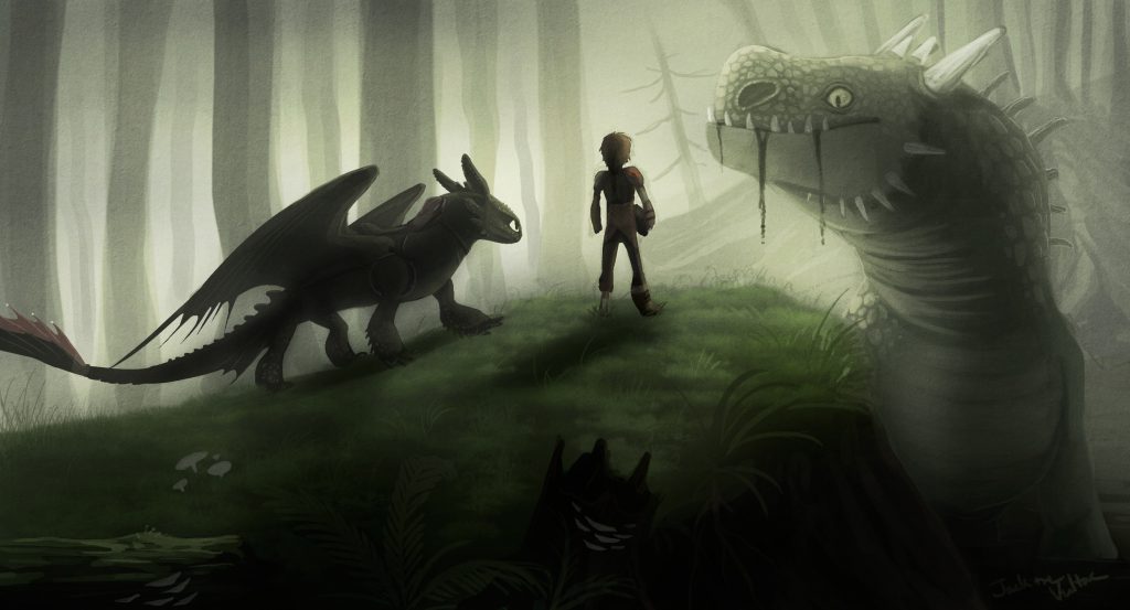 Hiccup and Toothless meeting a new dragon in a forest.