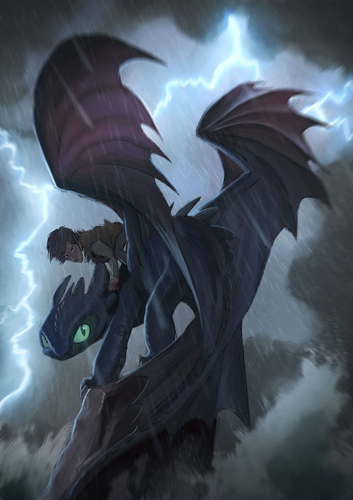 Toothless standing on a sharp rock, with Hiccup on his back, lightning and dark clouds in the background.