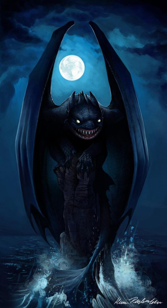 Toothless standing upon a rock, out at sea and at night, his eyes glowing and teeth showing with an unwelcoming expression on his face. Full moon in the sky above. Drawn in a less friendly and more unsettling style.